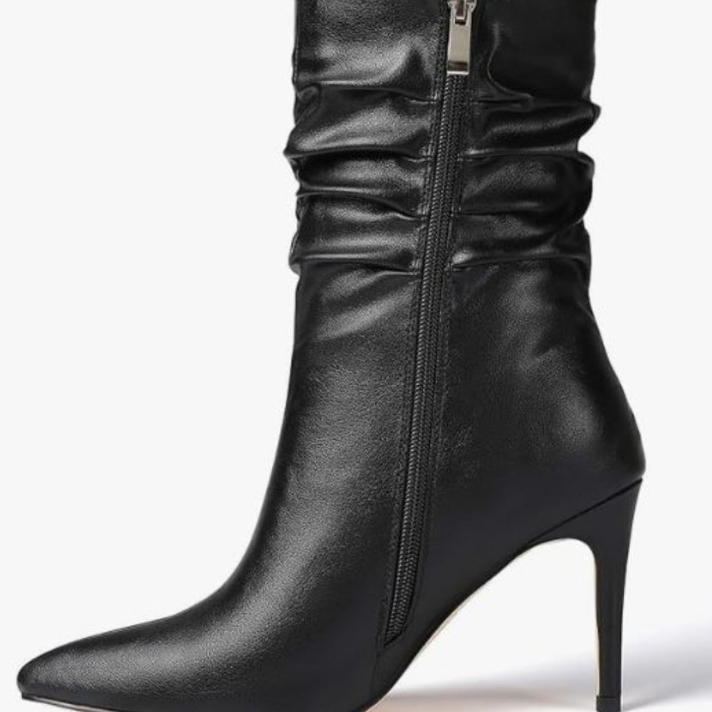 vivianly Womens Pointed Toe Heel Boots Stiletto Heels Mid-Calf Boots Zipper Boot - Picture 3 of 7